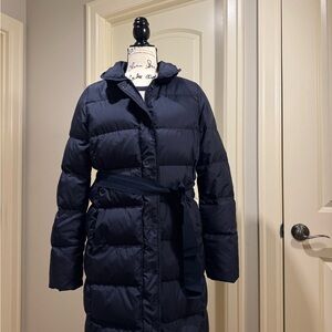 J. Crew Dark Blue Tie - Waist long down Puffer Coat